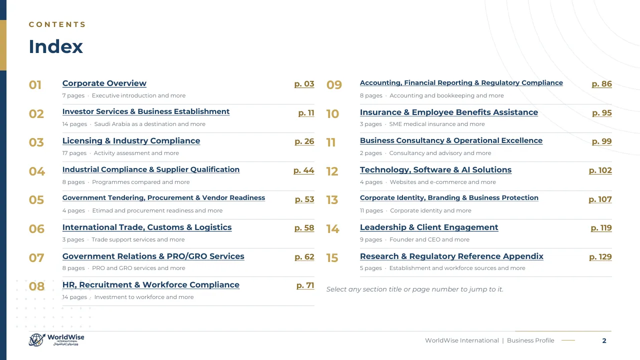 Business Profile page 2: Index