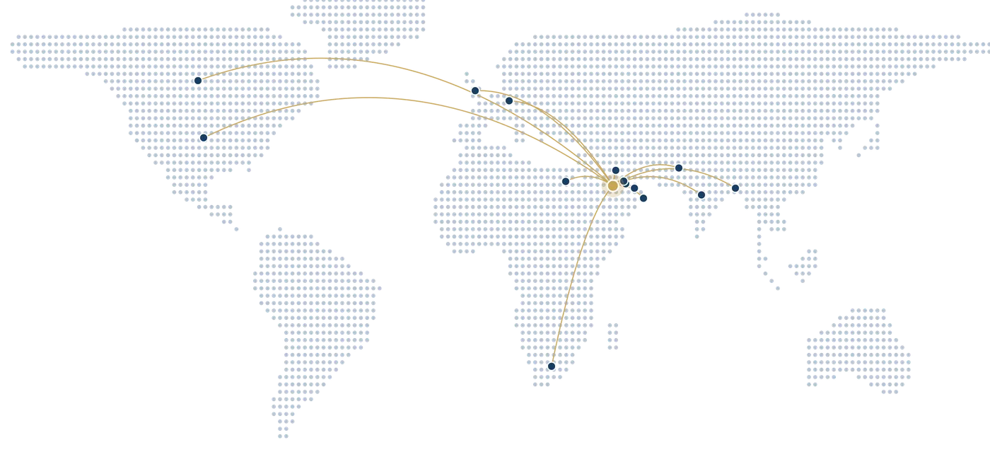 Dotted world map with connections from North America, Europe, Africa and Asia to Riyadh